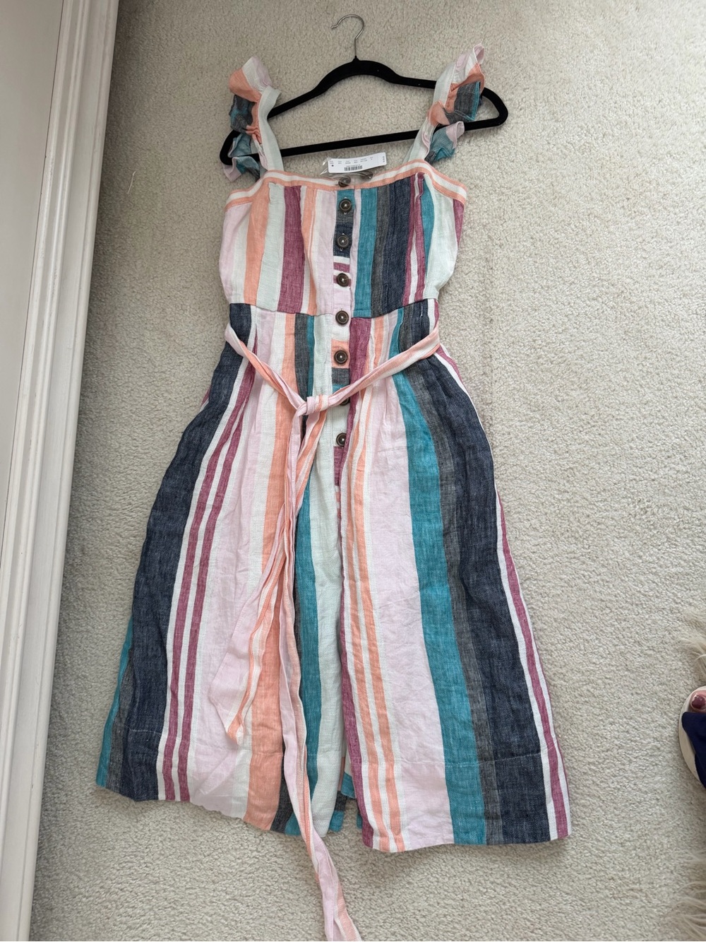 J. Crew Linen Summer Dress Midi Button-up Multicolor Mixed Stripe Ruffle NWT - Picture 9 of 12